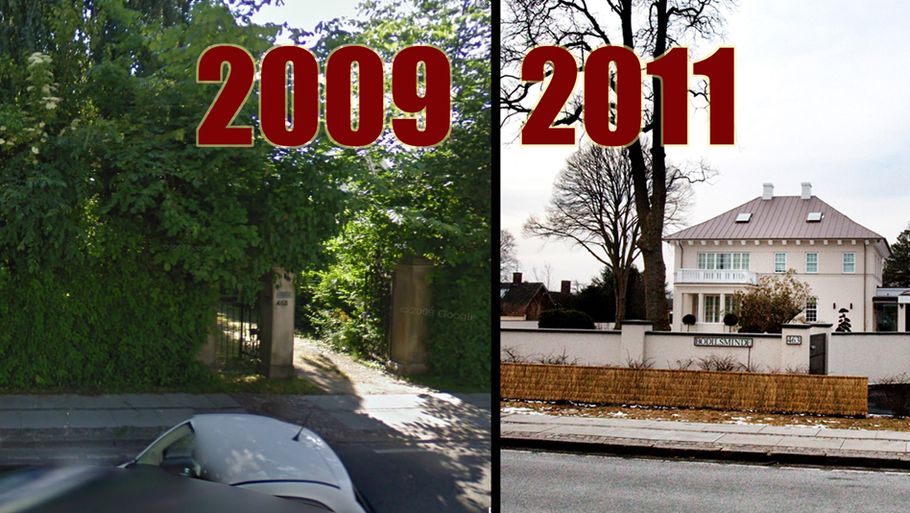 I 2009 købte Amanda Jacobsen en ruin i en urskov. Halvandet år senere ligner huset en dyr fæstning. Ombygningen tog under et år. (Foto: 2009: Google Street View, 2011: Jan Unger)