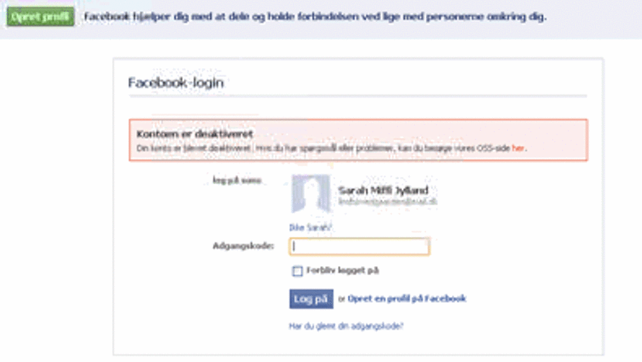 Din Facebook-konto er deaktiveret. Den besked fik Sarah Jylland, og nu melder andre danskere med efternavne, der også er stednavne om samme problem. Facebook har ikke svaret på brugernes henvendelser.(Sarahs screendump)