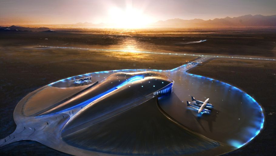 'Formen skal afspejle det drama og den mystisk, der er omkring rumflyvninger', beskriver firmaet bag designet tankerne bag den kommende Virgin Galactic-base i New Mexico. (Illustration: Foster + Partners)