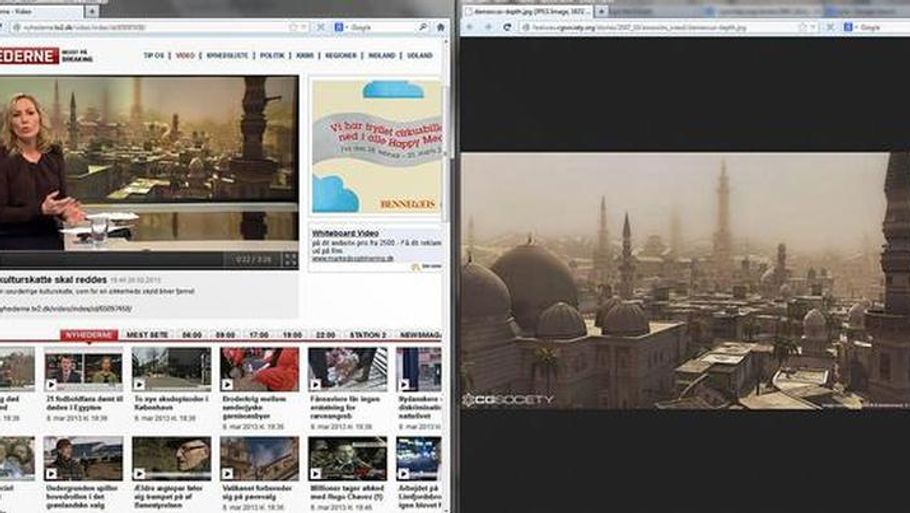 Billede fra TV2 Nyhederne og trailer fra spillet Assasins Creed her sat op overfor hinanden (Skærmdump)