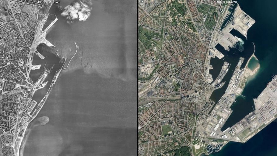 Der kan ske meget på 59 år. Det er disse nærbilleder af centrum og havnen i Aarhus fra henholdsvis 1954 og 2013 glimrende eksempler på. Du kan kigge nærmere flere andre danske byer i artiklen herunder. (Foto: COWI/Kortal)