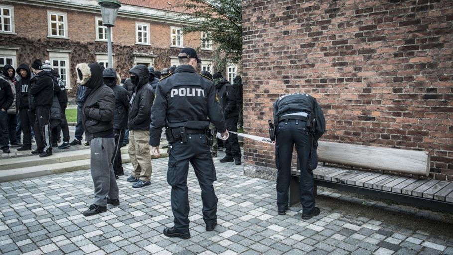 Her ses LTF-medlemmer og politi foran retten på Frederiksberg i forbindelse med en tidligere sag. Foto: Linda Johansen