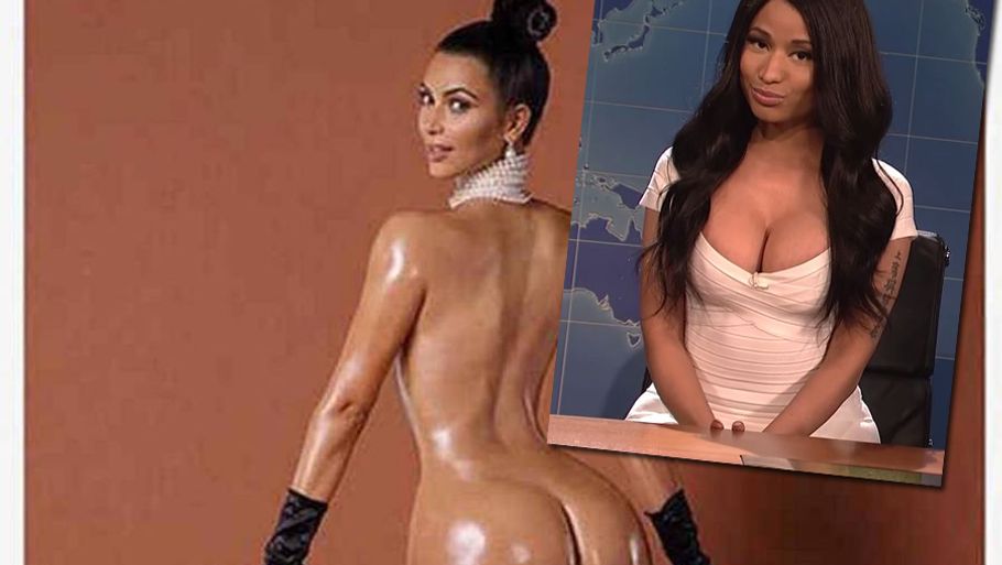 Nicki Minaj laver en imitation af Kim Kardashian i 'Saturday Night Live'. (Fotocollage: Paper Magazine og Saturday Night Live)