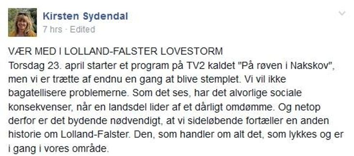 Kirsten Sydendal opfordrer på facebook folk til at fortælle gode historier om Lolland.