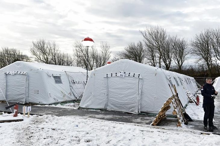 Teltlejren til flygtningene i Thy er opvarmet på samme vis som Rigspolitiets nye lejre med gasopvarmere (Foto: René Schutze) 