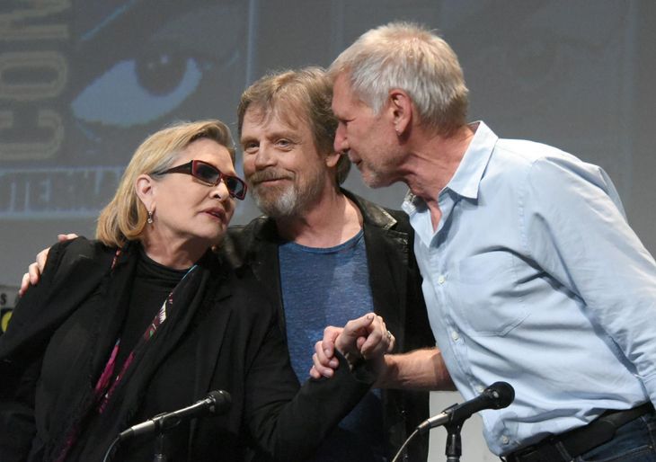 De tre originale 'Star Wars'-superstjerner Carrie Fisher (Leia), Mark Hamill (Luke Skywalker) og Harrison 'Han Solo' Ford. Foto: AP