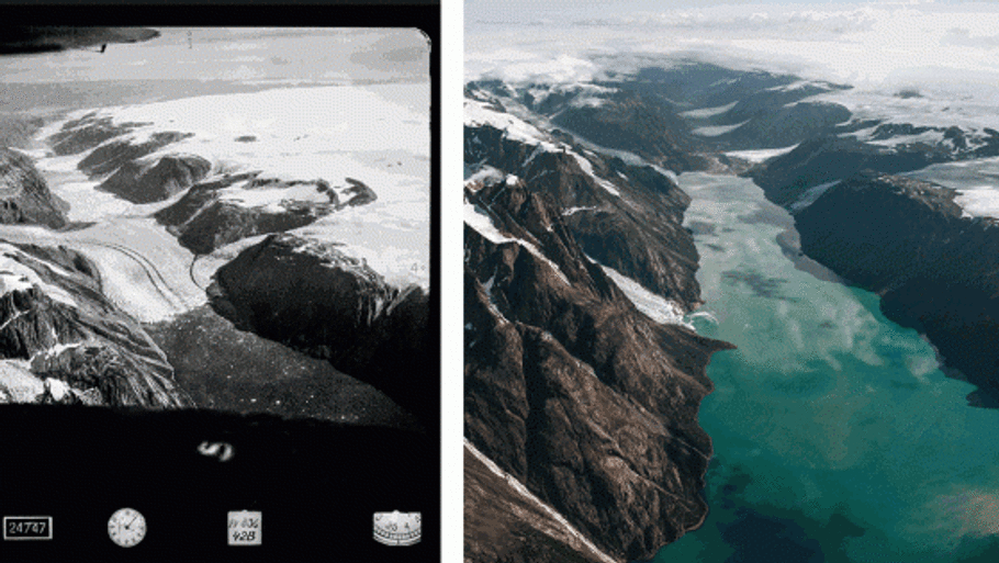 Billeder af Ujaraannaq-dalen i Sydvestgrønland fra sommeren 1936 (venstre) og i 2013 viser, at flere gletsjere helt er forsvundet. Foto: L: Danish Geodata Agency; Hans Henrik Tholstrup/R: Nat. Hist. Mus. Denmark/Nature