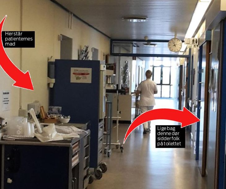 På hospitaler i Roskilde og Køge kommer folk af med deres afføring få meter fra mad-buffeterne. Fødevarestyrelsen har af hensyn til de syge patienters helbred i over et år forsøgt at stoppe den praksis. Foto: Fødevarestyrelsen