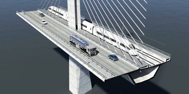 Den nye Storstrømsbro bliver fire kilometer lang og får en vognbane i hver retning. Visualisering: Vejdirektoratet/Dissing og Weitling