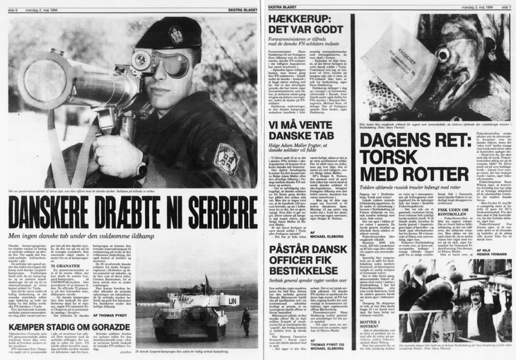 Ekstra Bladets omtale af slaget 2. maj 1994. Serbernes tabstal blev senere opjusteret voldsomt.