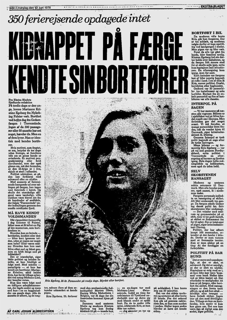 Faxemile af Ekstra Bladet 12. juni 1978, hvor Morten Olsens daværende kæreste Kris Egeberg forsvandt fra færgen.