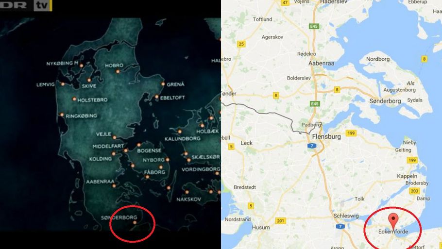 På DRs kort er Sønderborg placeret, hvor den tyske by Egernførde ligger. Foto: DR og Google Maps