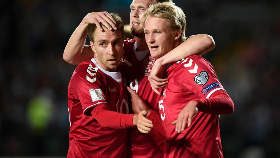 Dolberg, Eriksen og Jørgensen. Danmarks tre målscorere i sejren på 3-1 over Kasakhstan. Foto: Lars Poulsen