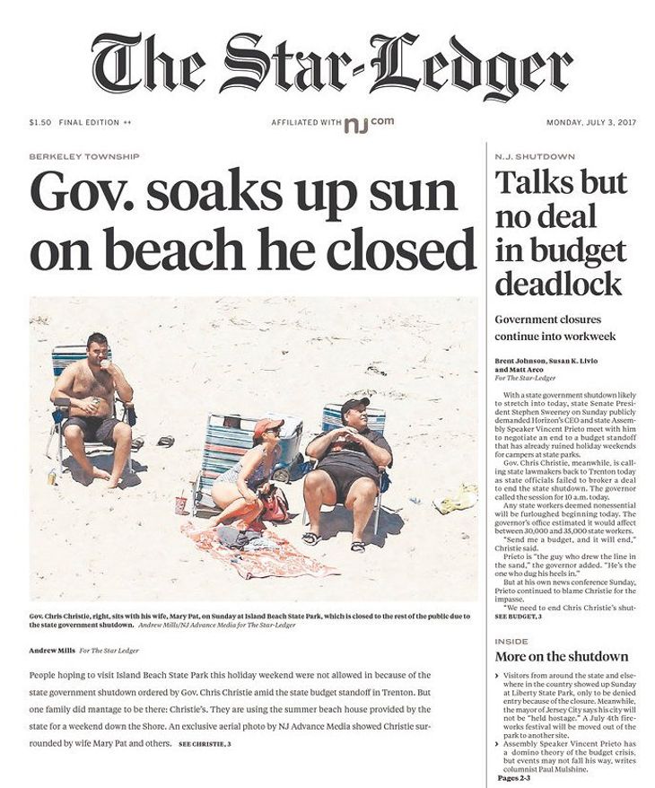 'Guvernør slikker sol på strand han havde lukket', lyder overskriften. 