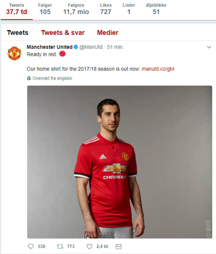 Screendump fra Manchester Uniteds officielle Twitterprofil, før de slettede opslaget Foto: Screendump