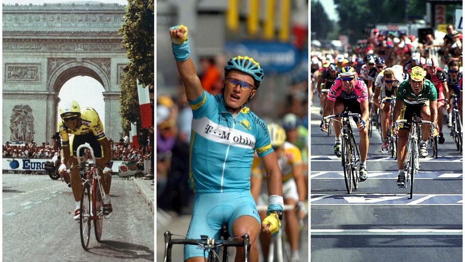 Greg LeMond, Alexandre Vinokourov og Djamoulidine Abdoujaparov har alle vundet på Champs-Élysées. Foto: AP og All Over