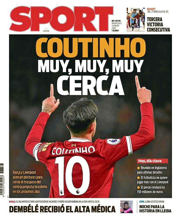 Forsiden på Barcalona-avisen Sport. Ifølge den er Coutinho meget, meget, meget tæt på. Foto: Sport.es