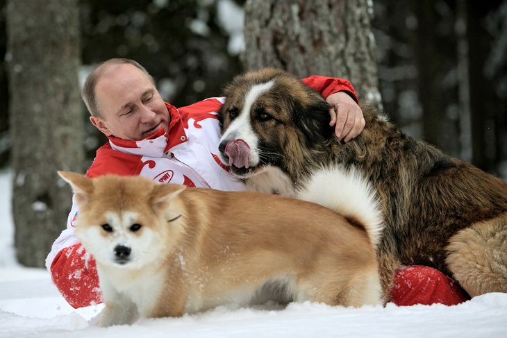 Her ses Putin sammen med sine to hunde Yumy og Buffy. Foto: AP