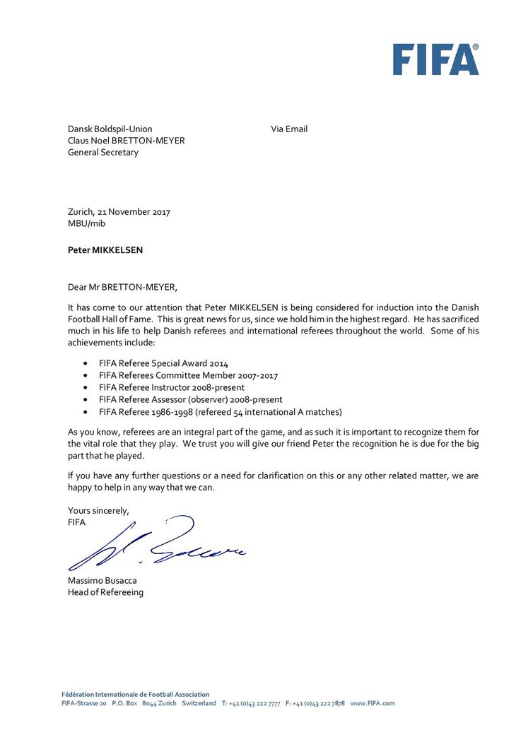 Brevet sendt til DBU-direktør Claus Bretton-Meyer fra FIFA's dommerchef Massimo Busacca