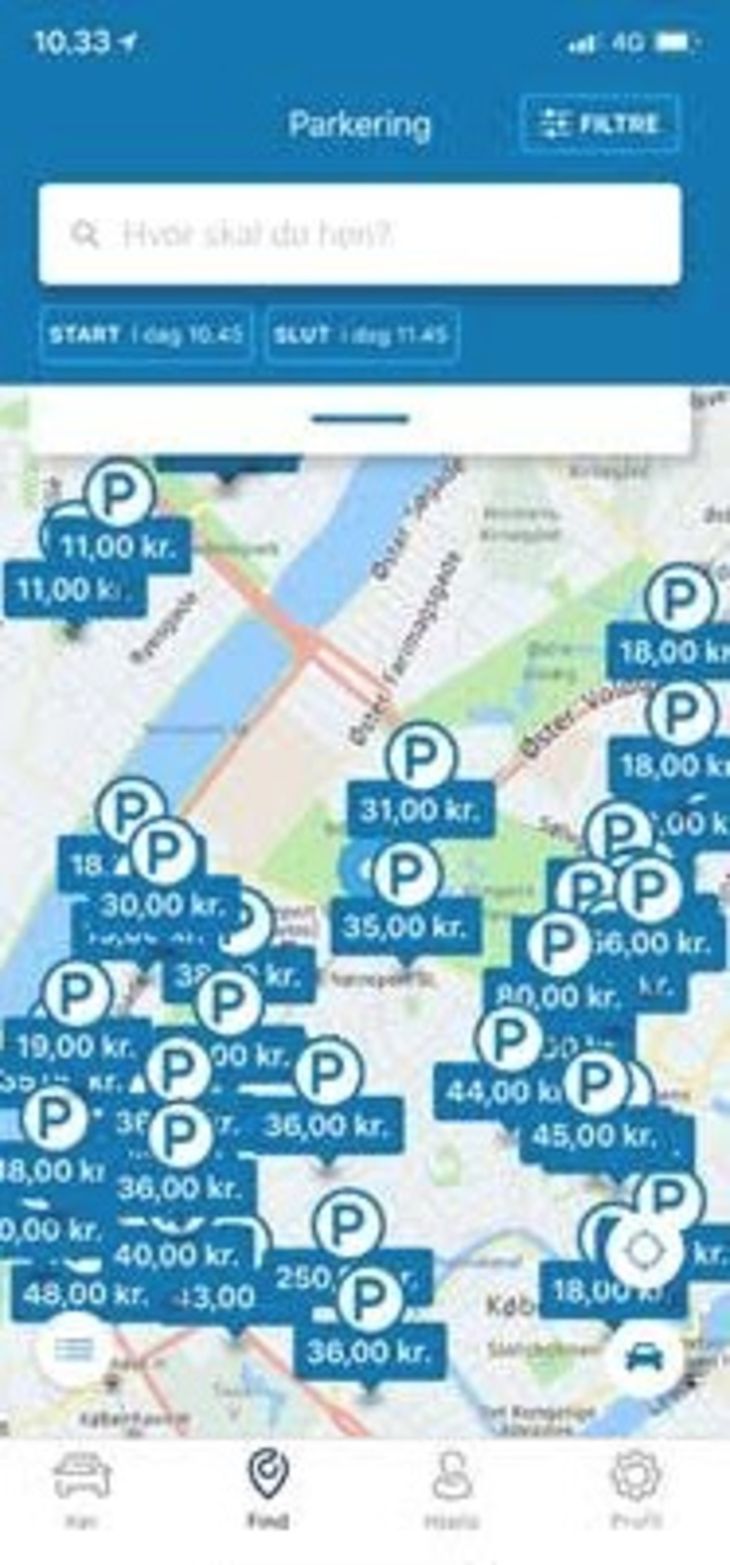 Sådan ser det ud i appen, når den finder frem til parkeringspladser samt priser. Foto: Screenshot