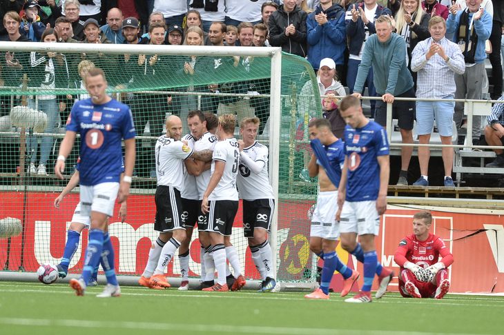Mike Jensen scorede kampens første mål, da Rosenborg vandt 3-1 i lokalopgøret i Ranheim. Foto: Ritzau Scanpix
