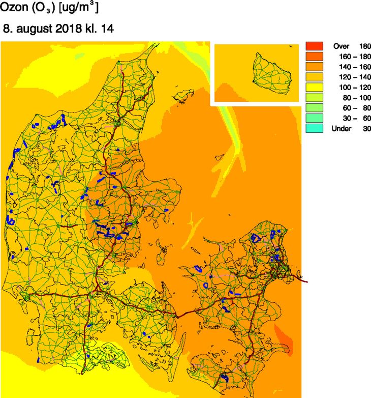 Prognosekort fra DCE. Koncentrationerne af ozon i luften vil toppe sidst på eftermiddagen. Foto: Institut for Miljøvidenskabe ved Aarhus Universitet