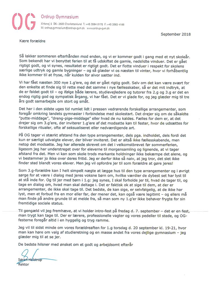 Forældre til gymnasieelever på Ordrup Gymnasium i Nordjælland har modtaget dette brev om skolens syn på såkaldte putte-arrangementer. 