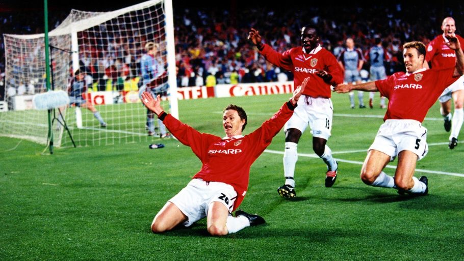 Ole Gunnar Solskjær blev centrum for holdkammeraternes jubel, da han scorede det afgørende mål i Champions League-finalen i 1999. Foto: Ritzau Scanpix