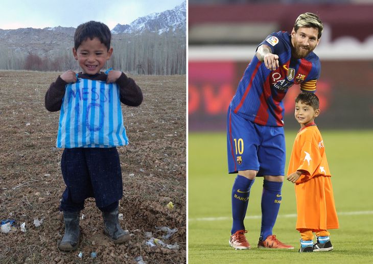 Den afghanske dreng Murtaza før og efter mødet med Lionel Messi (Foto: Ritzau Scanpix)