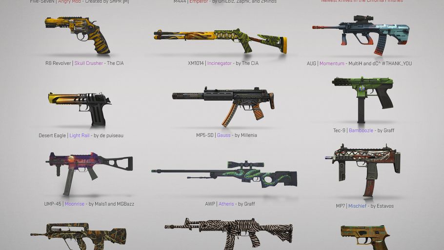 Eksempler på skins er dem fra computerspillet Counter Strike Global Offensive. Ovenfor kan du se et eksempel på de nyeste skins, der blev udgivet 13. marts i år. Foto: Valve