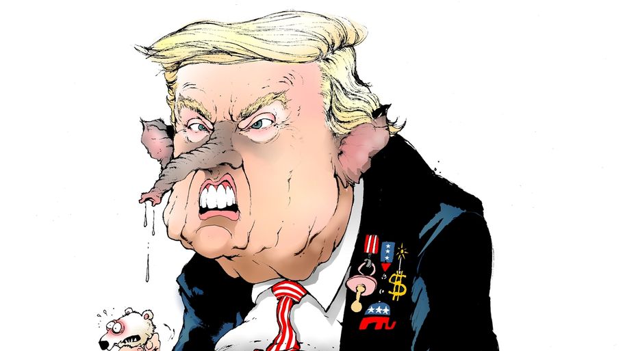 Donald Trump er blevet kåret til Ridder af Elefanten i Glasbutikken. Tegning: Morten Ingemann