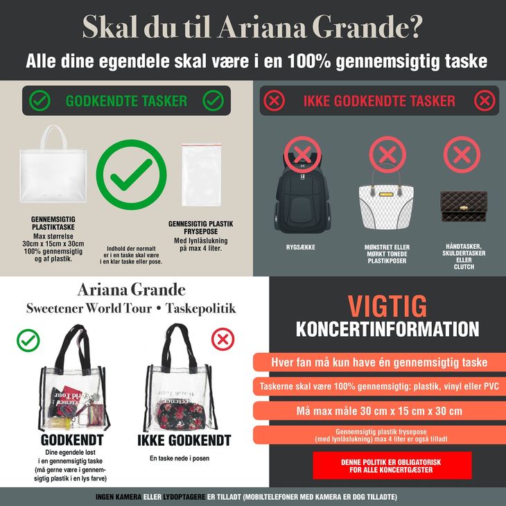 Her kan man se en udførlig beskrivelse af, hvilke krav der er til tasker under Ariana Grandes koncert. Foto: Live Nation