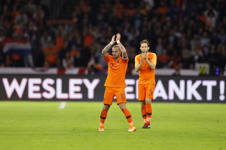 134 gange er Sneijder trukket i den orange trøje og dermed indehaver af den hollandske landskampsrekord. Foto: Peter Dejong/Ritzau Scanpix 