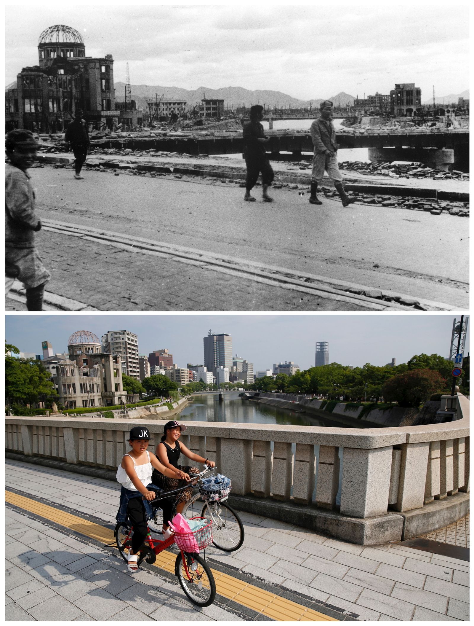 Udsigt fra Aioi-broen i Hiroshima i 1945 og 2015. Foto: Ritzau Scanpix