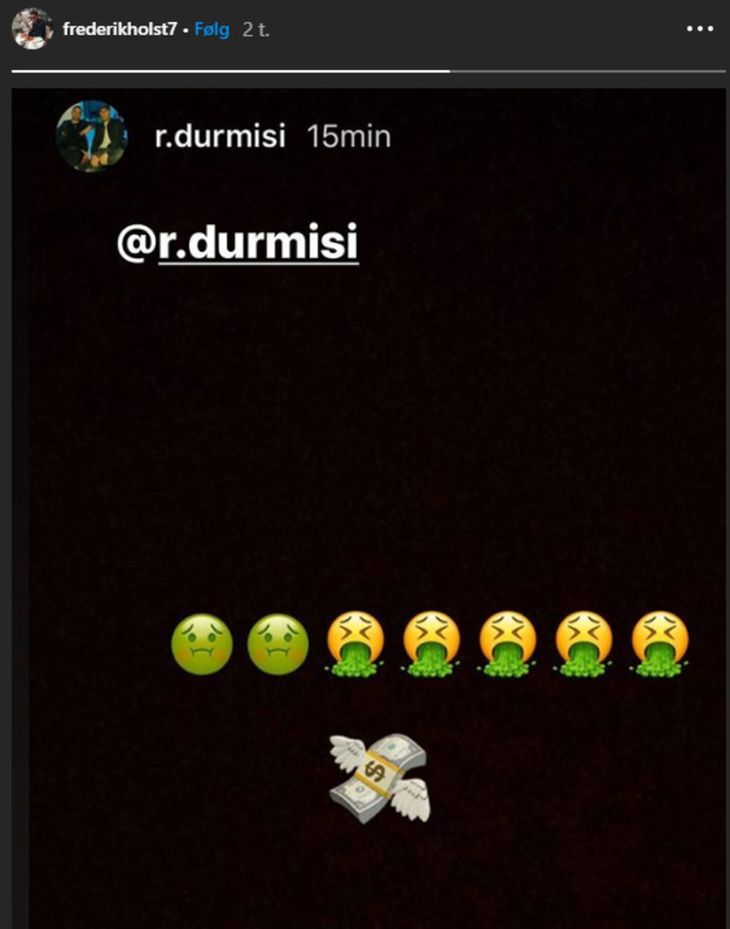 Frederik Holst delte denne Instagram-story fra Riza Durmisi, der er rettet mod Kamil Wilczeks skifte til FCK. Foto: Skærmbillede fra Instagram. 
