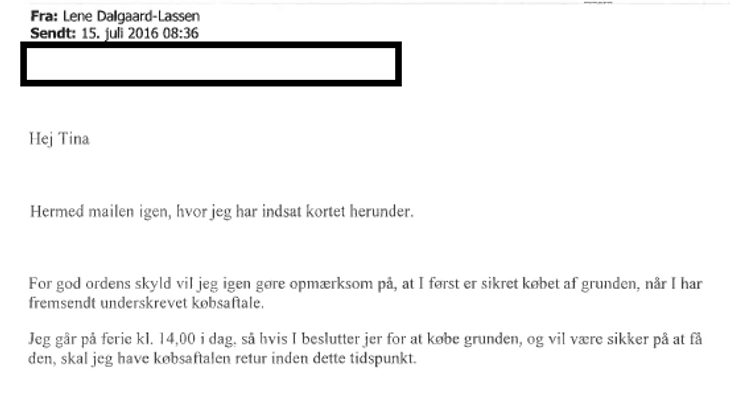 Her ses mailen til Tina og Palle, hvor kommunen kræver et skriftligt bud. Foto: Fredericia Kommune