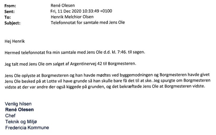 Her ses telefon-notatet, som René Olesen, der er chef i Teknik og Miljø i Fredercia Kommune, udarbejdede efter en samtale med den daværende salgschef Jens Ole Andersen. 