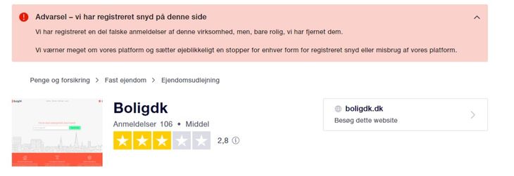 Advarslen på boligdk.dk's Trustpilot-profil. Skærmdump
