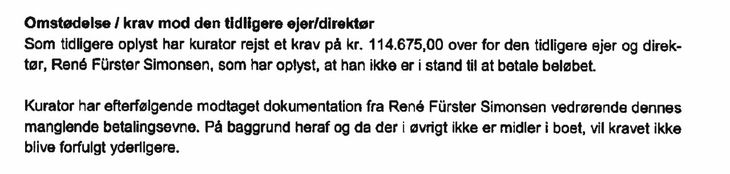 René Fürster Simonsen har ingen penge, så erstatningen i hans konkursbo bliver aldrig betalt. Skærmdump