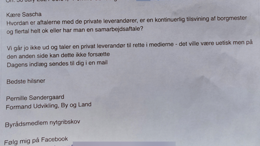 Kopi af Pernille Søndergaards mail til kommunaldirektøren. Privatfoto