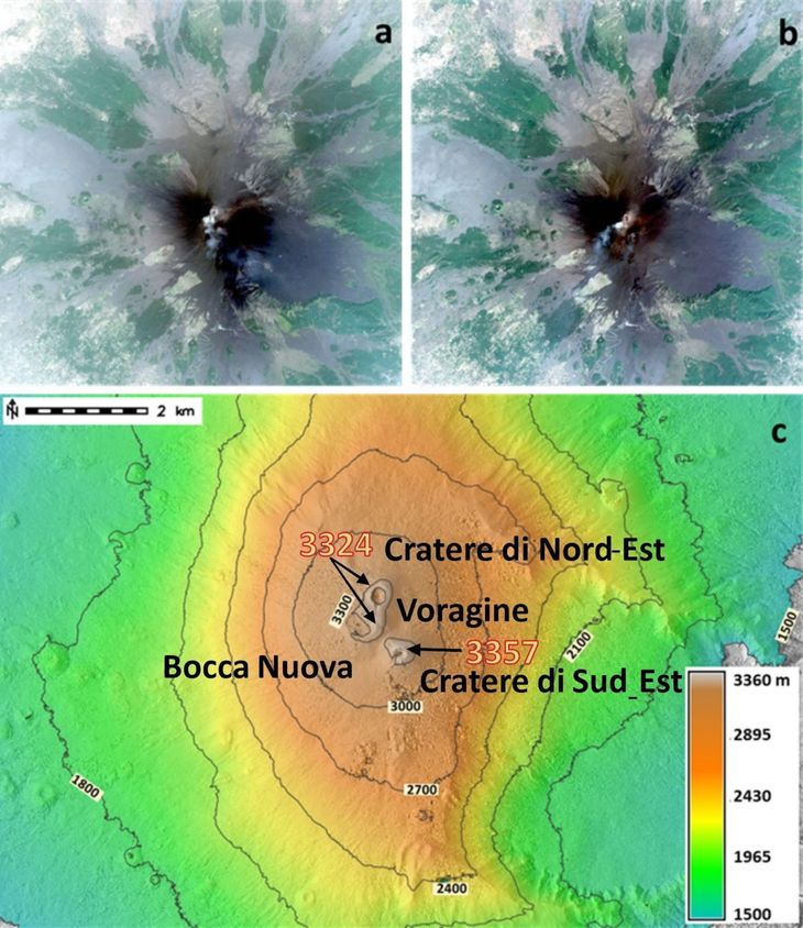 To forskellige satellitbilleder, taget henholdsvis 13. juli (a) og 25. juli (b) har bidraget til, at man nu har lavet en ny digital model (c) af Etna og dens tinder. Fotos: INGV