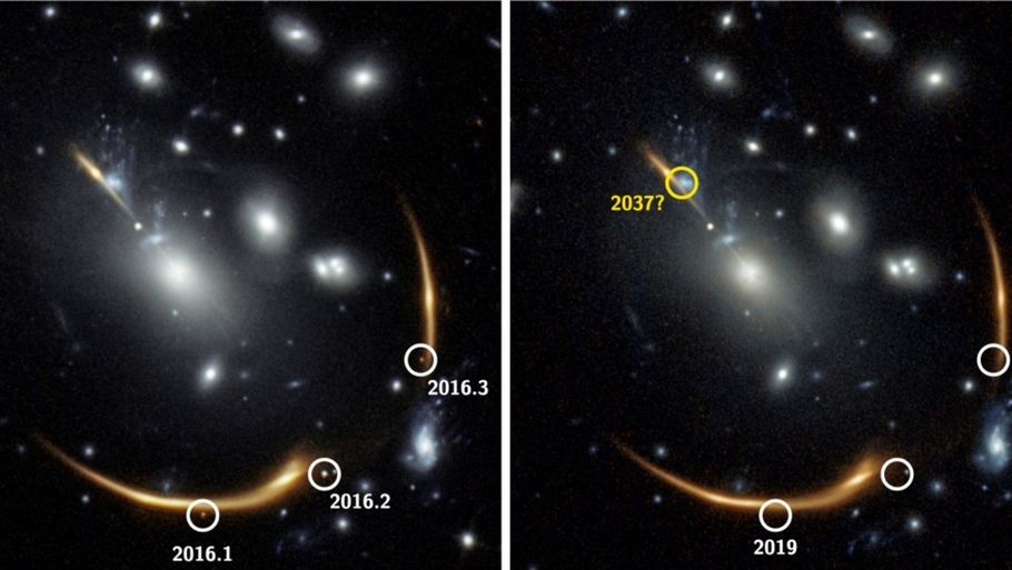 Tre gange supernova - og måske en fjerde på vej? Til ventre ses et billede af hoben fra 2016, hvor lyset fra den samme eksploderende stjerne ses tre steder på himlen. Til højre ses samme område i 2019, hvor stjernen nu er væk, (Foto: S. Rodney, G. Brammer, J. DePasquale, P. Laursen)