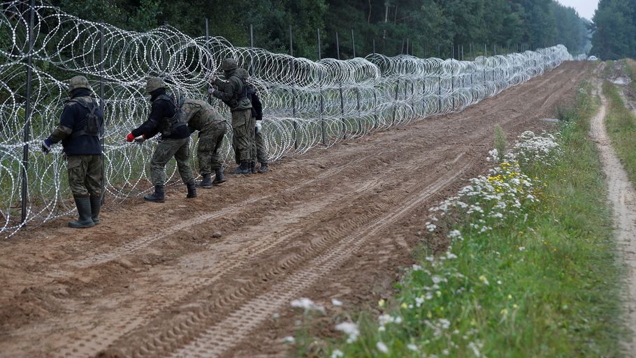 Polske soldater har bygget et hegn ved grænsen, som skal blive til en mur senere. Foto: Ritzau Scanpix