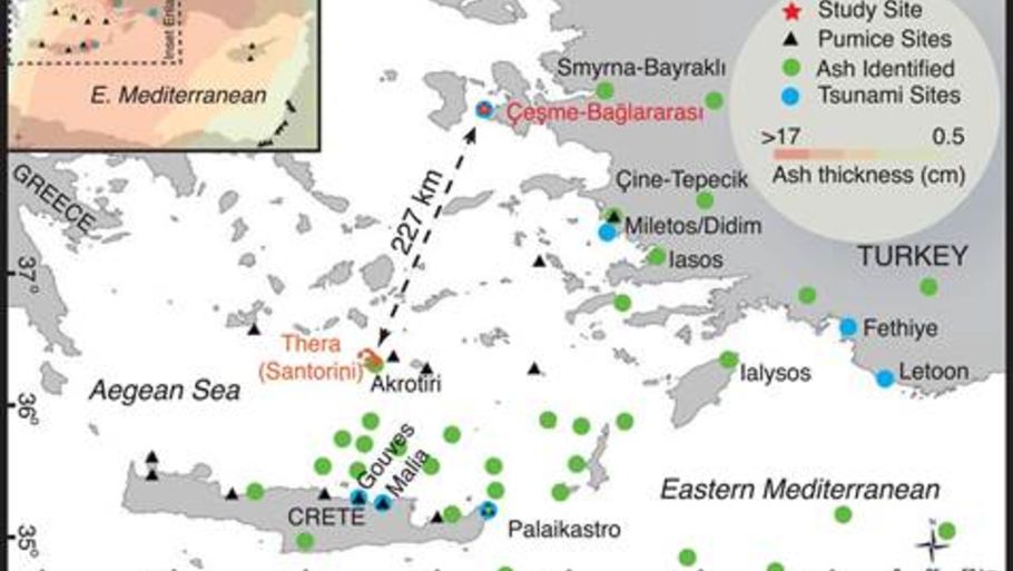 Vulkanudbrudet fra Thera fik store konsekvenser for flere civilisationer og lokalsamfund i middelhavsområdet under bronzealderen. (Foto: PNAS)