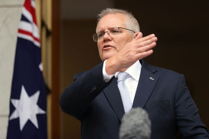 Scott Morrison holdt pressemøde samtidig med lodtrækningen til Australiens største sportsbegivenhed ... Foto: AFP/Ritzau Scanpix