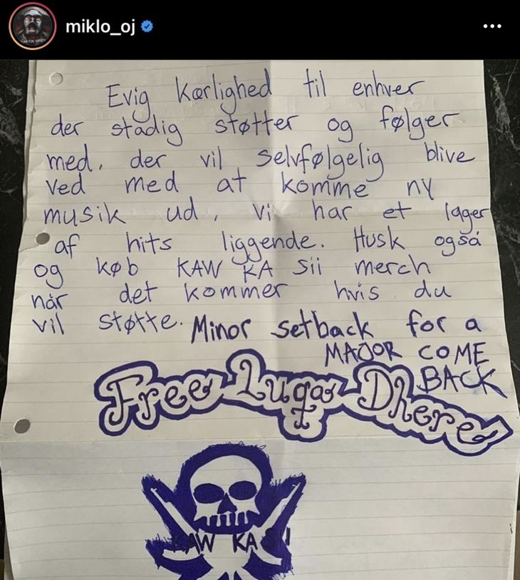 Et af de breve, som rapperen under sin varetægtsfængsling har sendt ud til sine fans via sin instagramkonto. Foto: Privat