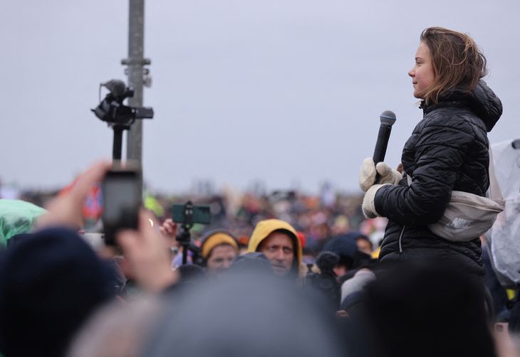 Den svenske klimaforkæmper Greta Thunberg holdt lørdag tale ved demonstrationen i Lützerath. Foto: Thilo Schmuelgen/Ritzau Scanpix