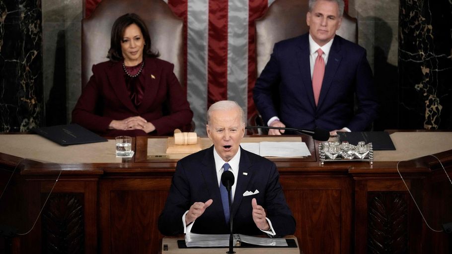 Joe Biden holder sin State of the Union-tale på The Capitol, som huser USA's lovgivende forsamling, Kongressen. Foto: Drew Angerer/Ritzau Scanpix