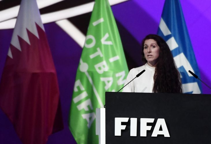 Lise Klaveness holder en dundertale på FIFA-kongressen i Doha i marts. Foto: Lars Poulsen
