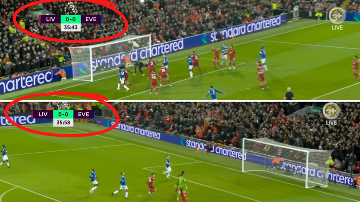Everton rammer stolpen - 15 sekunder senere scorer Salah. Screendump: Viaplay